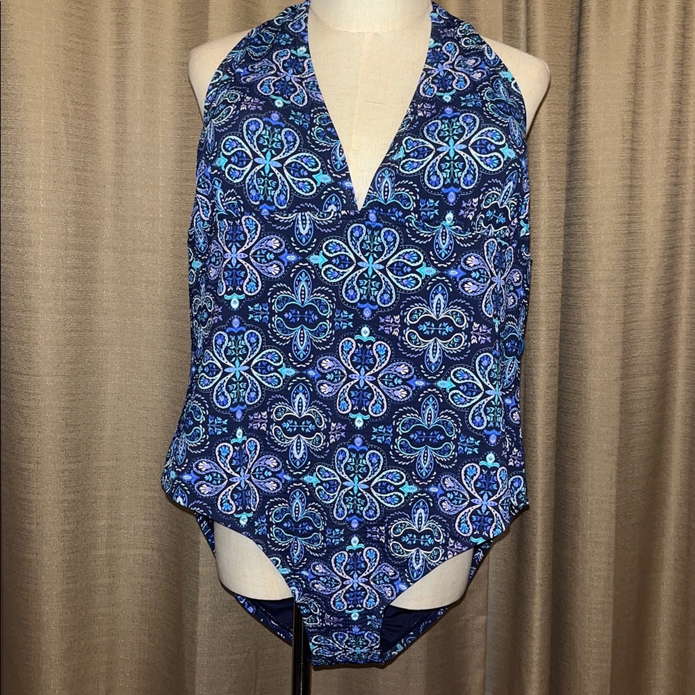 Sol Borne Blue Purple Paisley Mosaic Halter Style One Piece Swimsuit Womens 3X